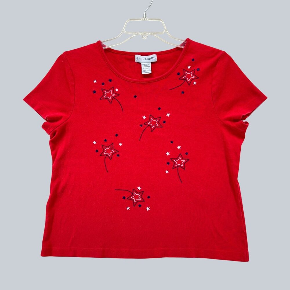 Sag Harbor Red Cotton T-Shirt With Star Embroidery Womens Large